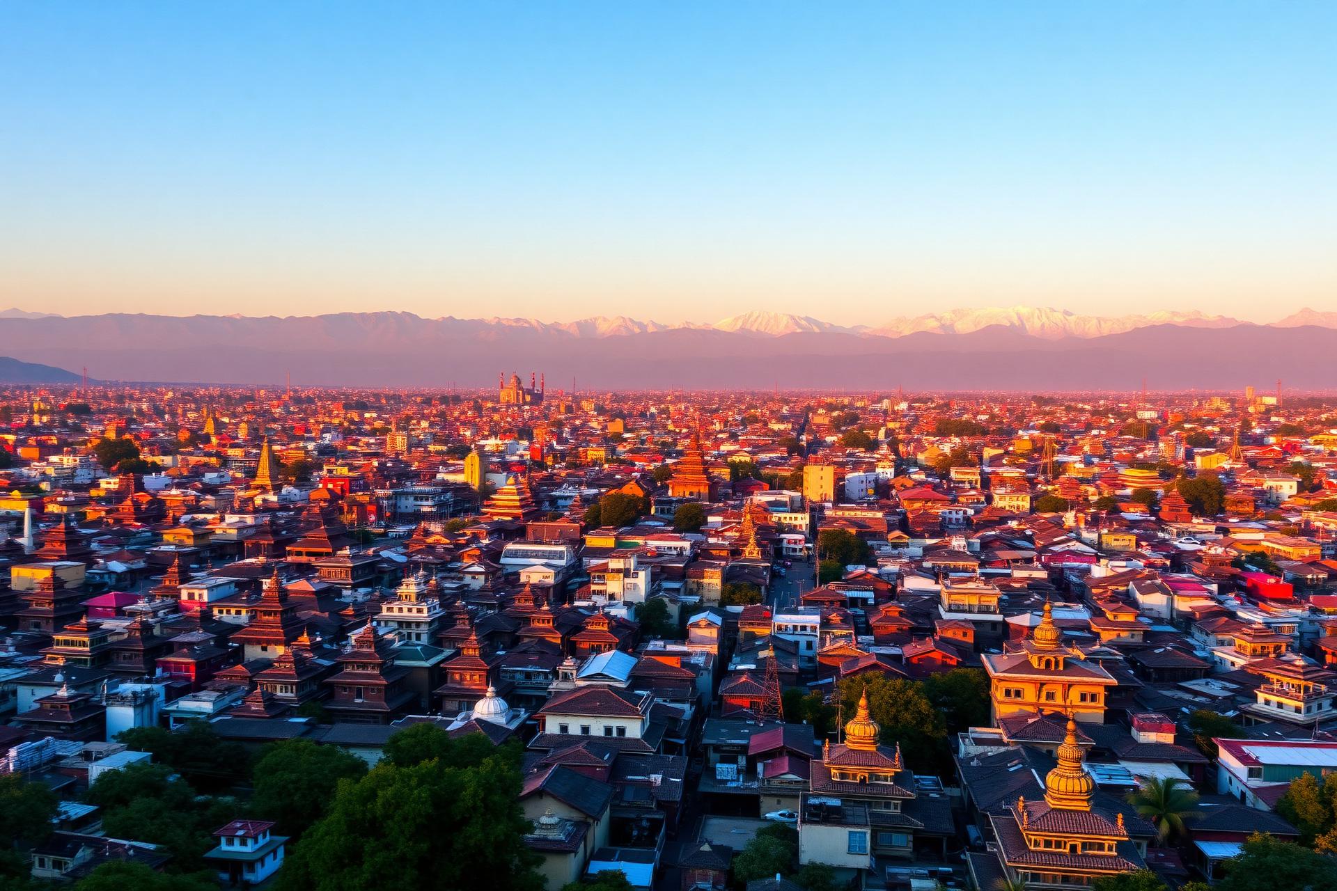 Kathmandu valley at golden hour with the Himalayas beyond
